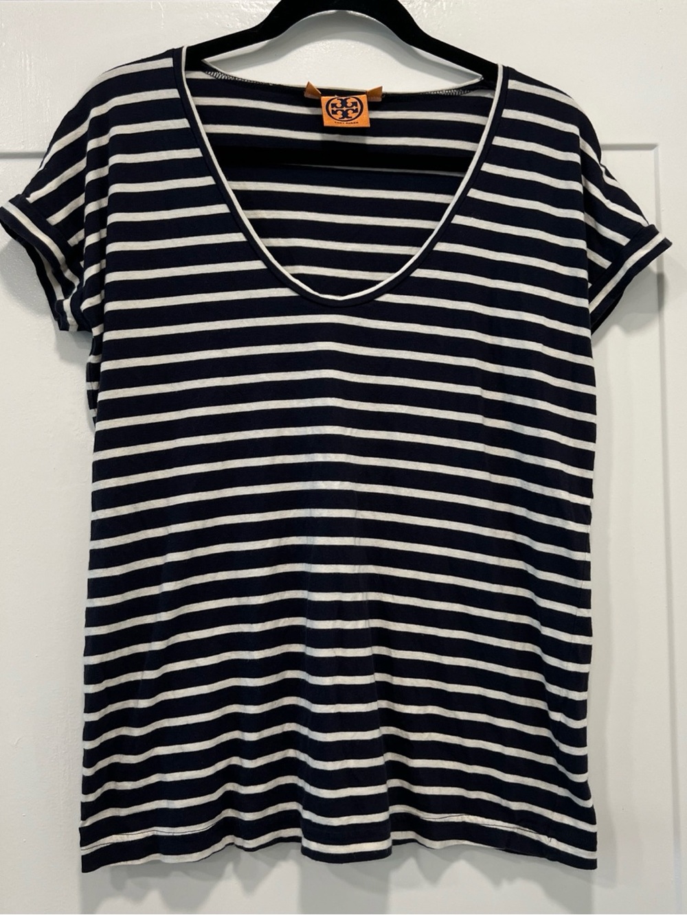 Tory Burch Navy & White Striped V-Neck Tee Shirt